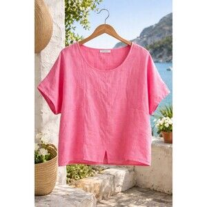 Splendid Iris Pink Linen Top Short Sleeve Boxy Lagenlook Size L/XL Minimalist